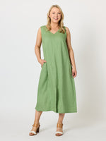 Ava Linen V-neck Dress - Fern