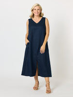 Ava Linen V-neck Dress - Navy