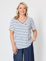 Marina Embroidered Stripe Print Tee - Navy/White