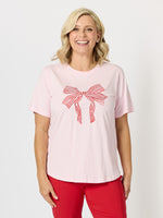 Festive Embroidered Bow Cotton Tee - Pink