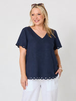 Lilly Scallop Hem Linen Top - Navy