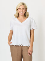 Lilly Scallop Hem Linen Top - White