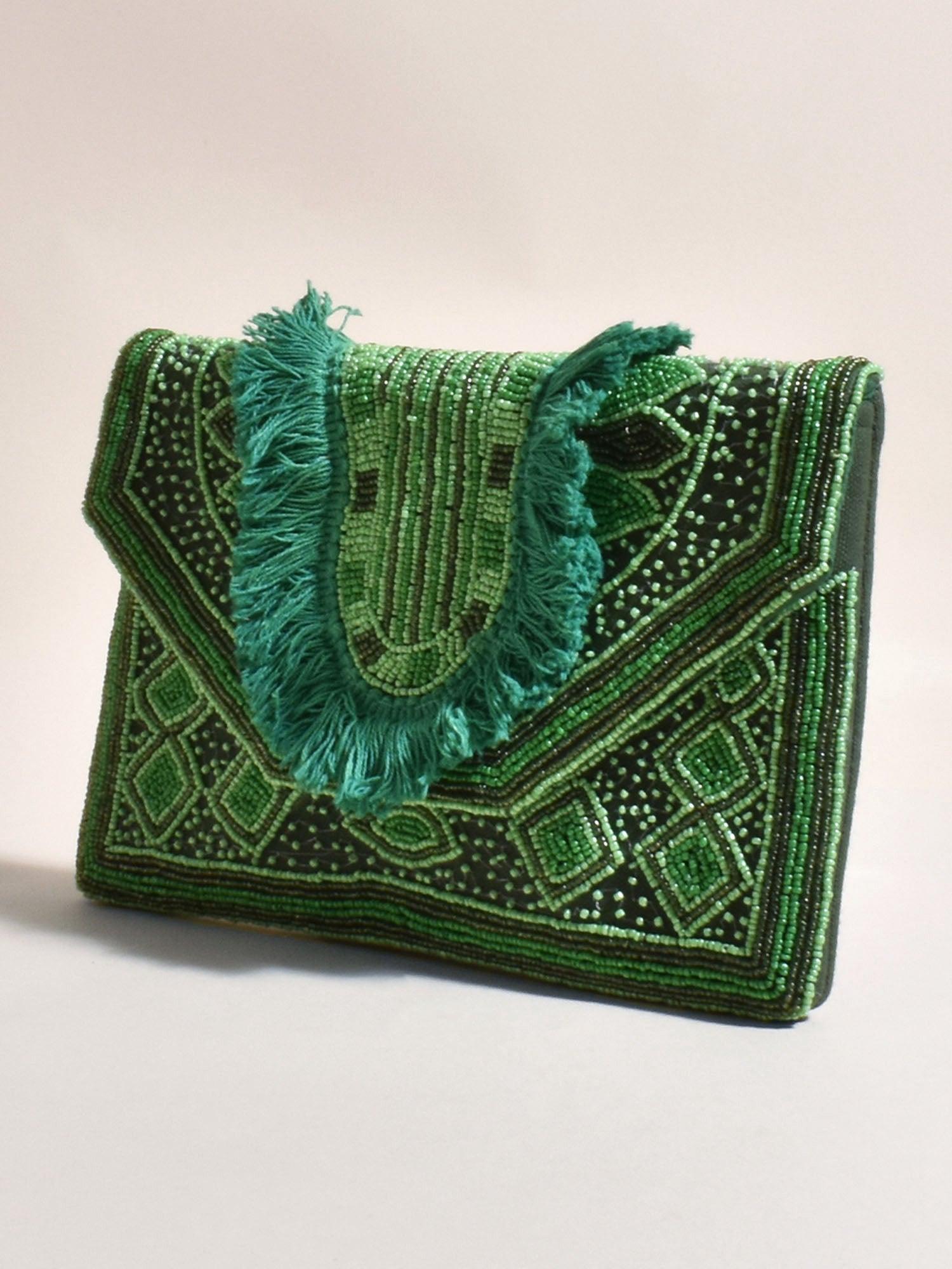 Beaded Fringe Clutch - Green