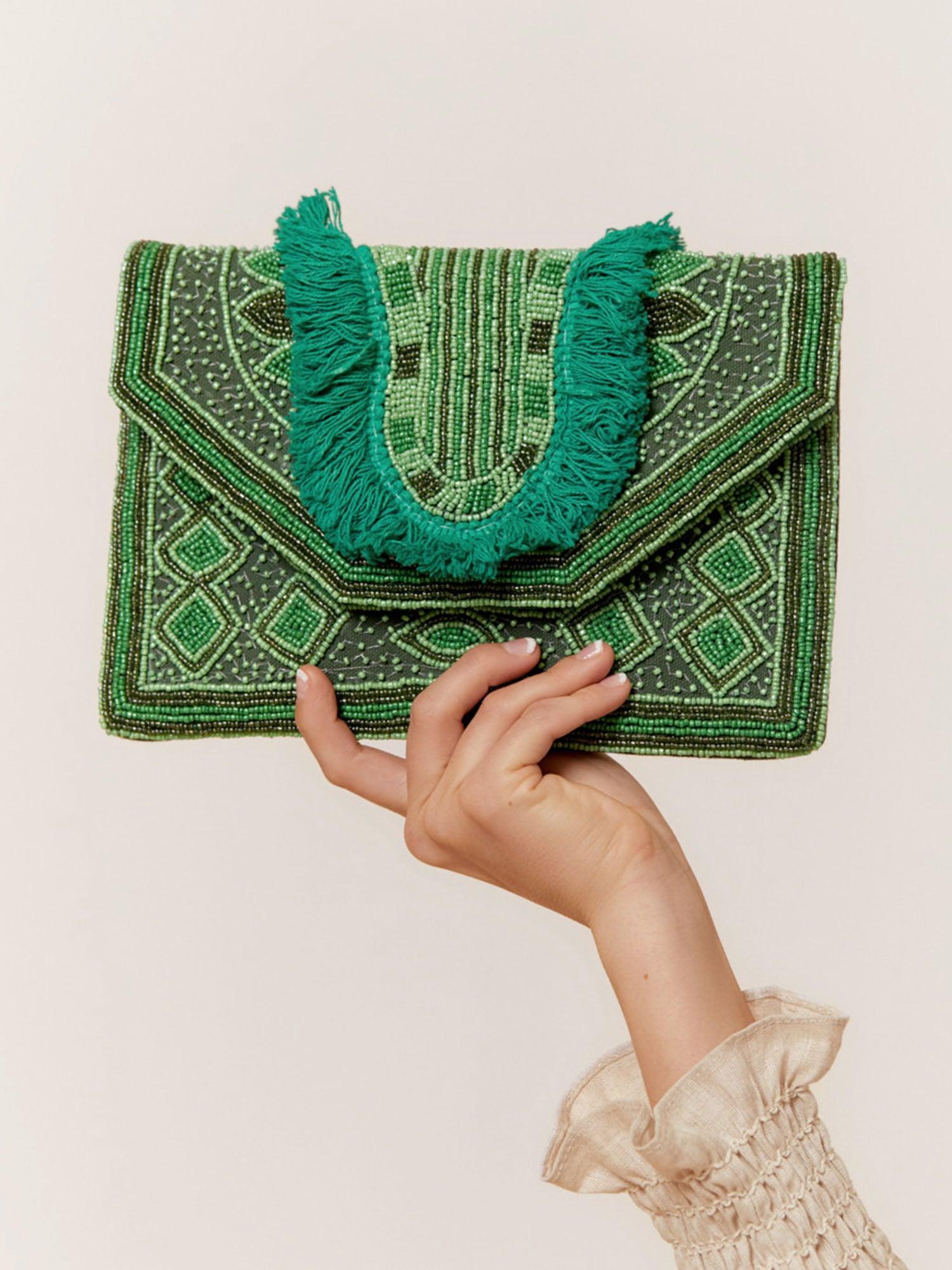 Beaded Fringe Clutch - Green