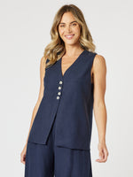 Lino Long Vest - Navy