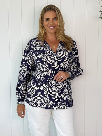 Emily Print Top - Navy/White