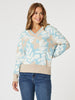 Pasadena Floral Print V Neck Knit - Blue/Natural