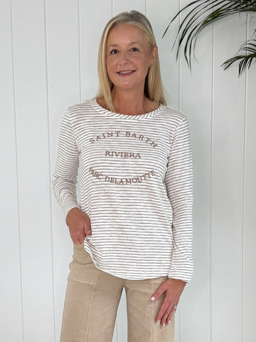 Riviera Long Sleeve Stripe Print Tee - Natural/White