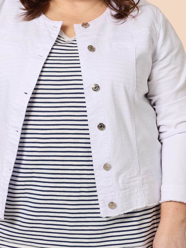 Collarless Frayed Hem Denim Jacket - White RC&CO