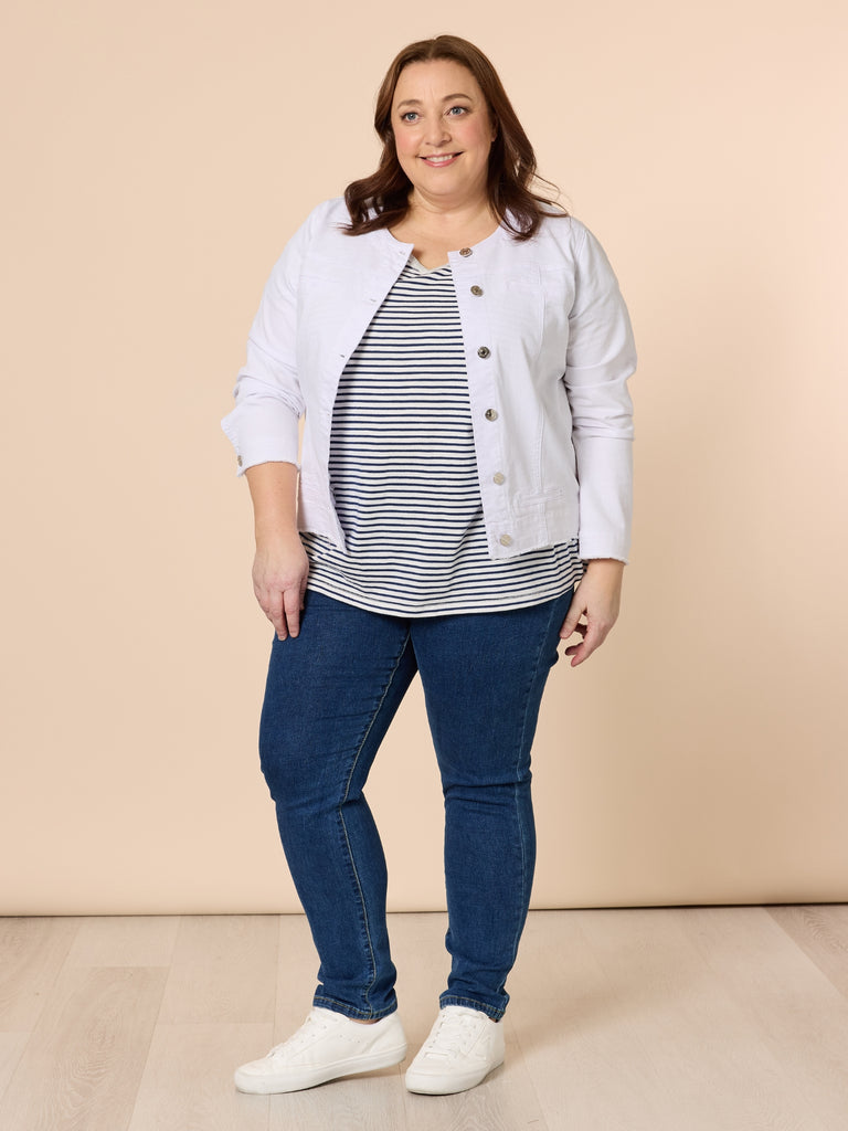 Collarless Frayed Hem Denim Jacket - White RC&CO