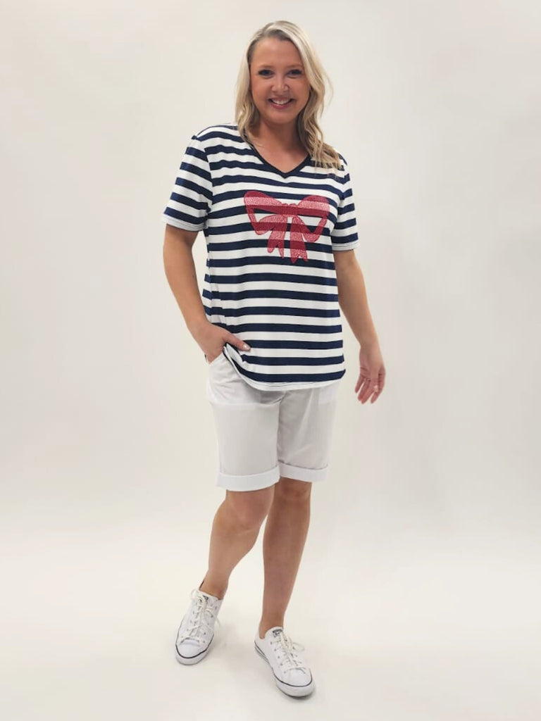 Red Bow Stripe Print Tee - Navy/White rc&co