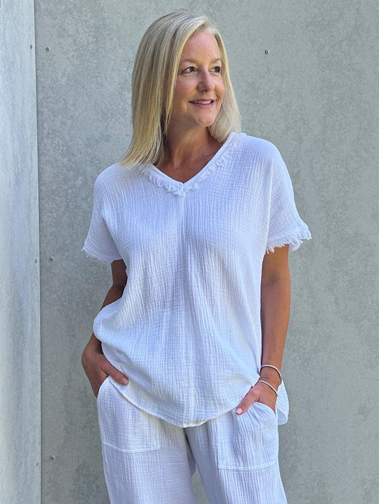 Byron Cotton V - neck Top - White - RC & Co
