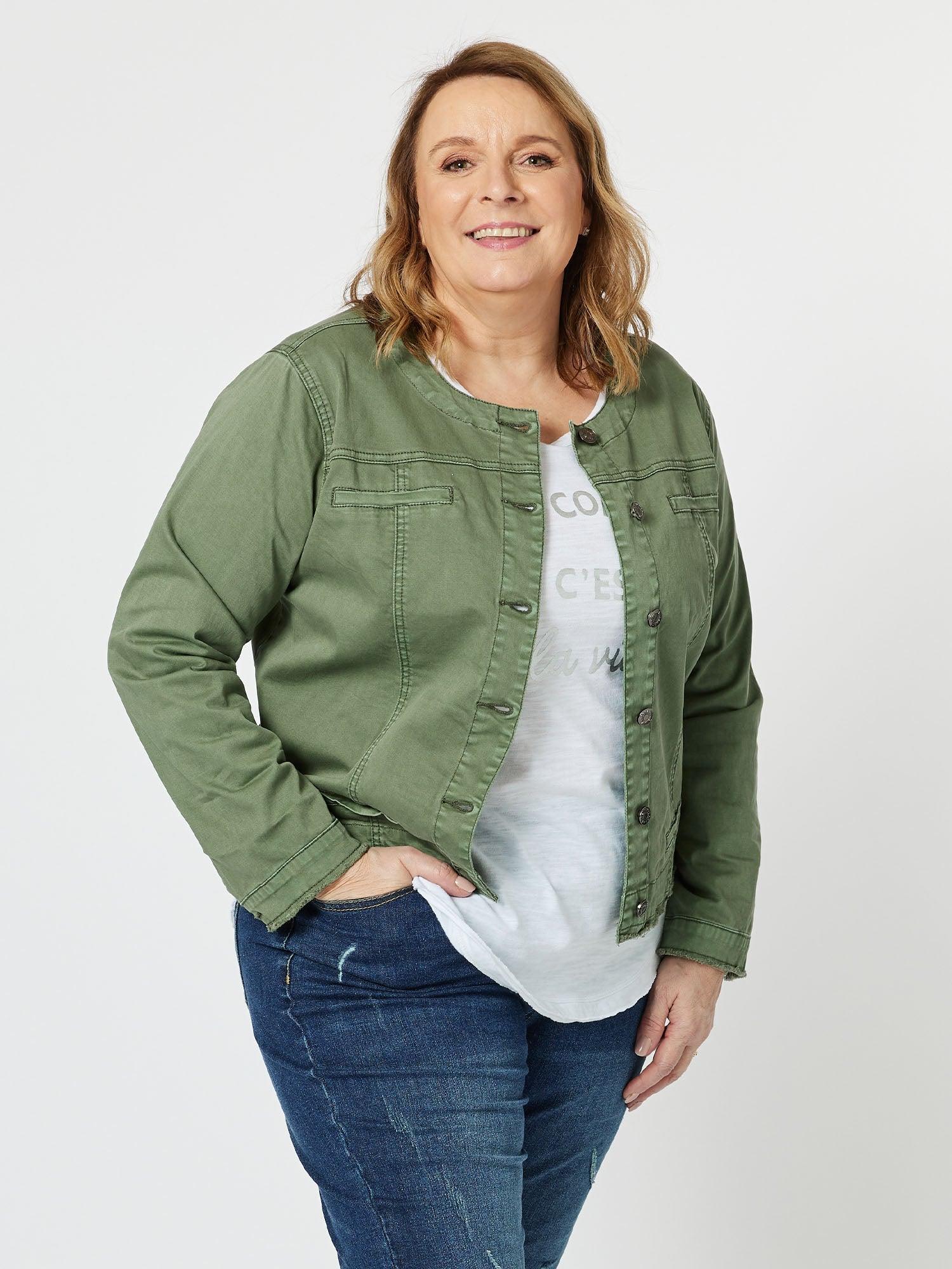 Collarless Denim Jacket - Khaki – RC & Co