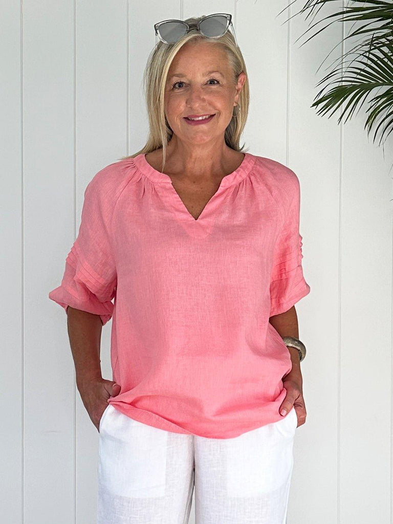 Diana Linen Pleat Sleeve Top - Coral - RC & Co