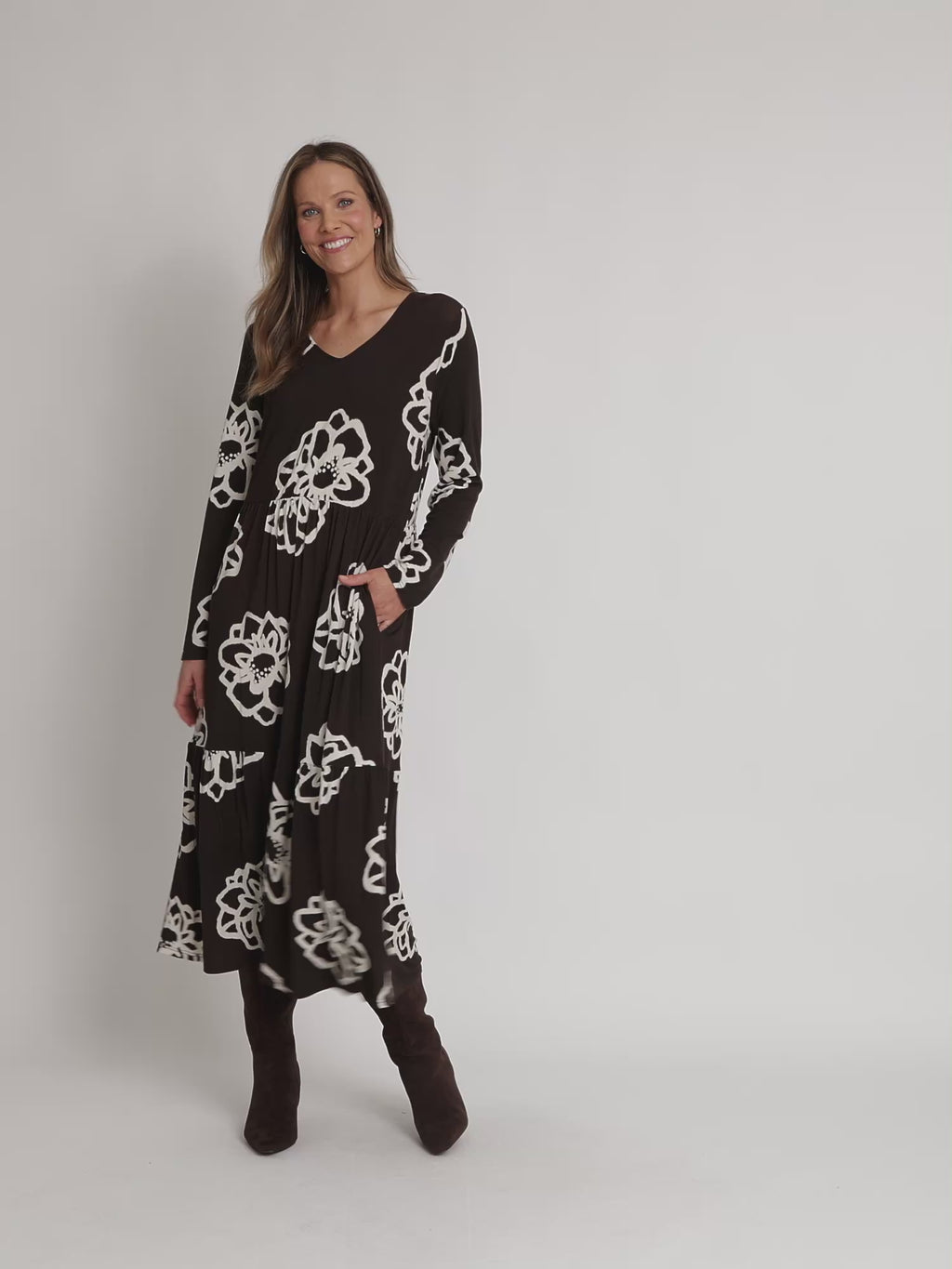 Florentine Floral Print Dress - Coffee Ivory rc&co