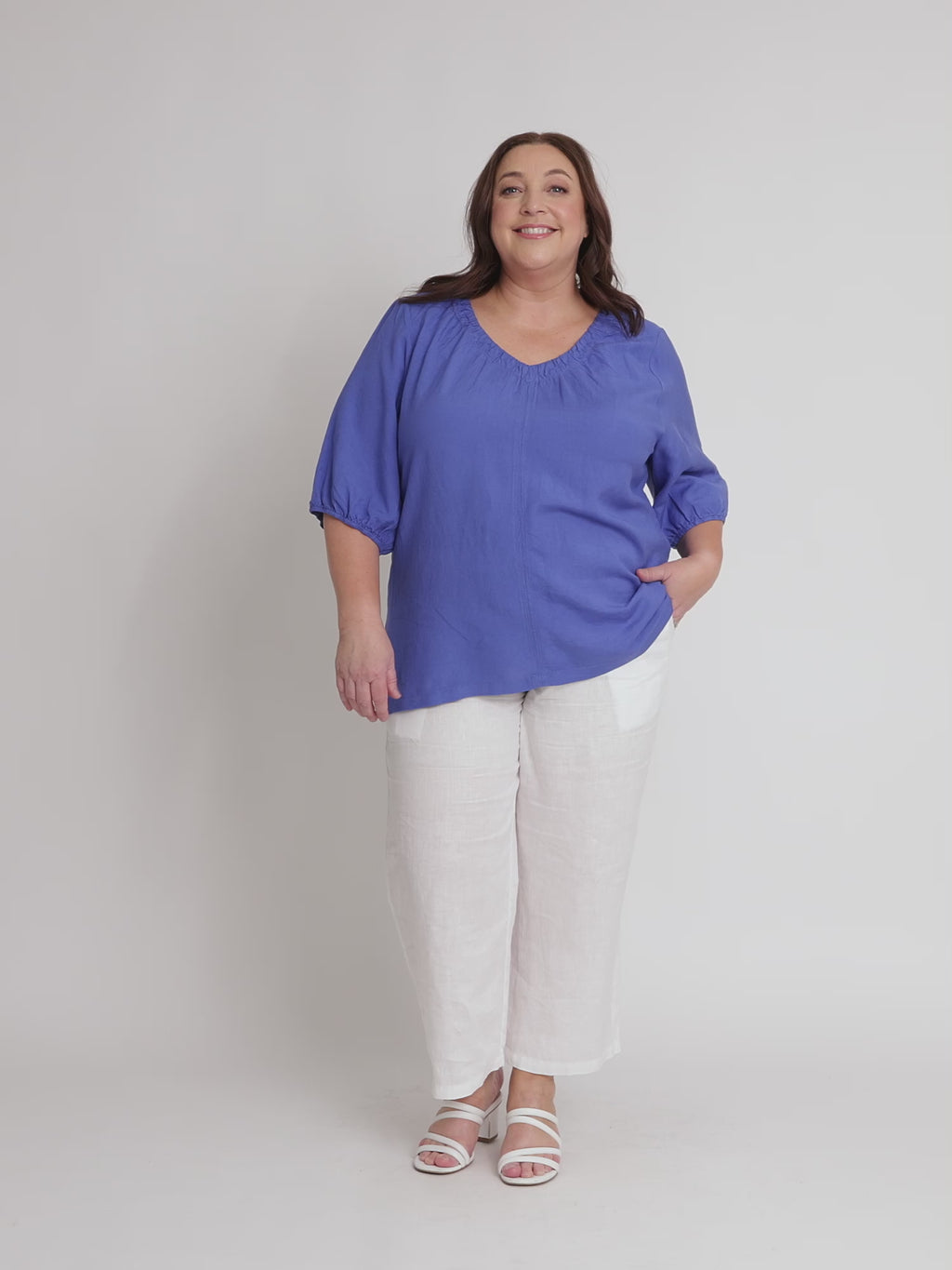 Lino V Neck Top - Sardinia Blue