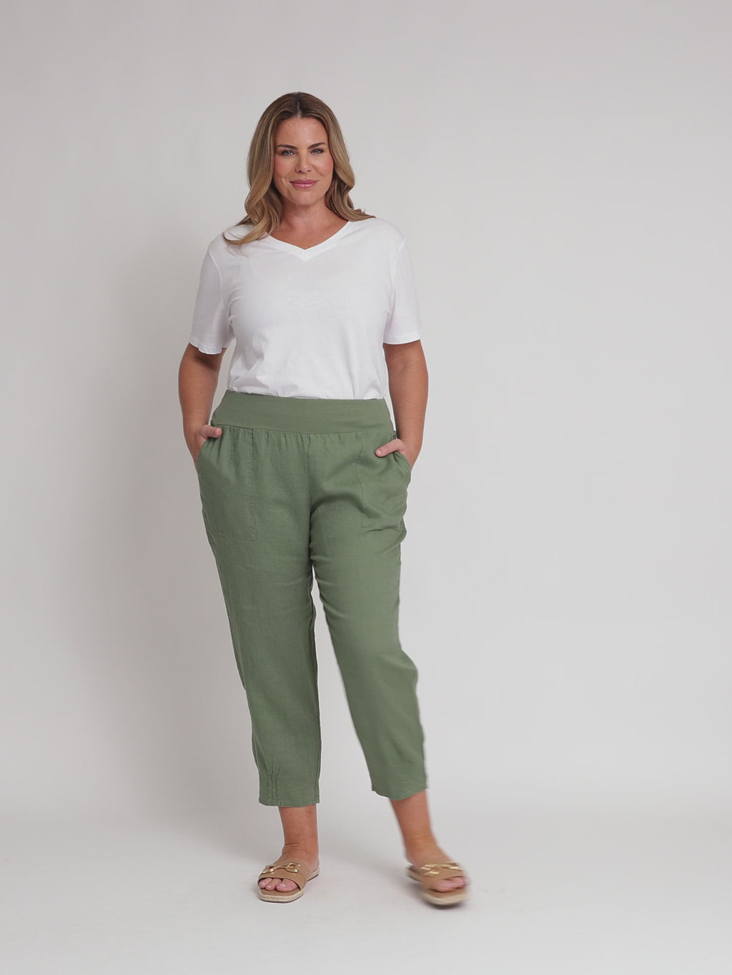 Sarah Linen Pleat Hem Pant - Khaki rc&co