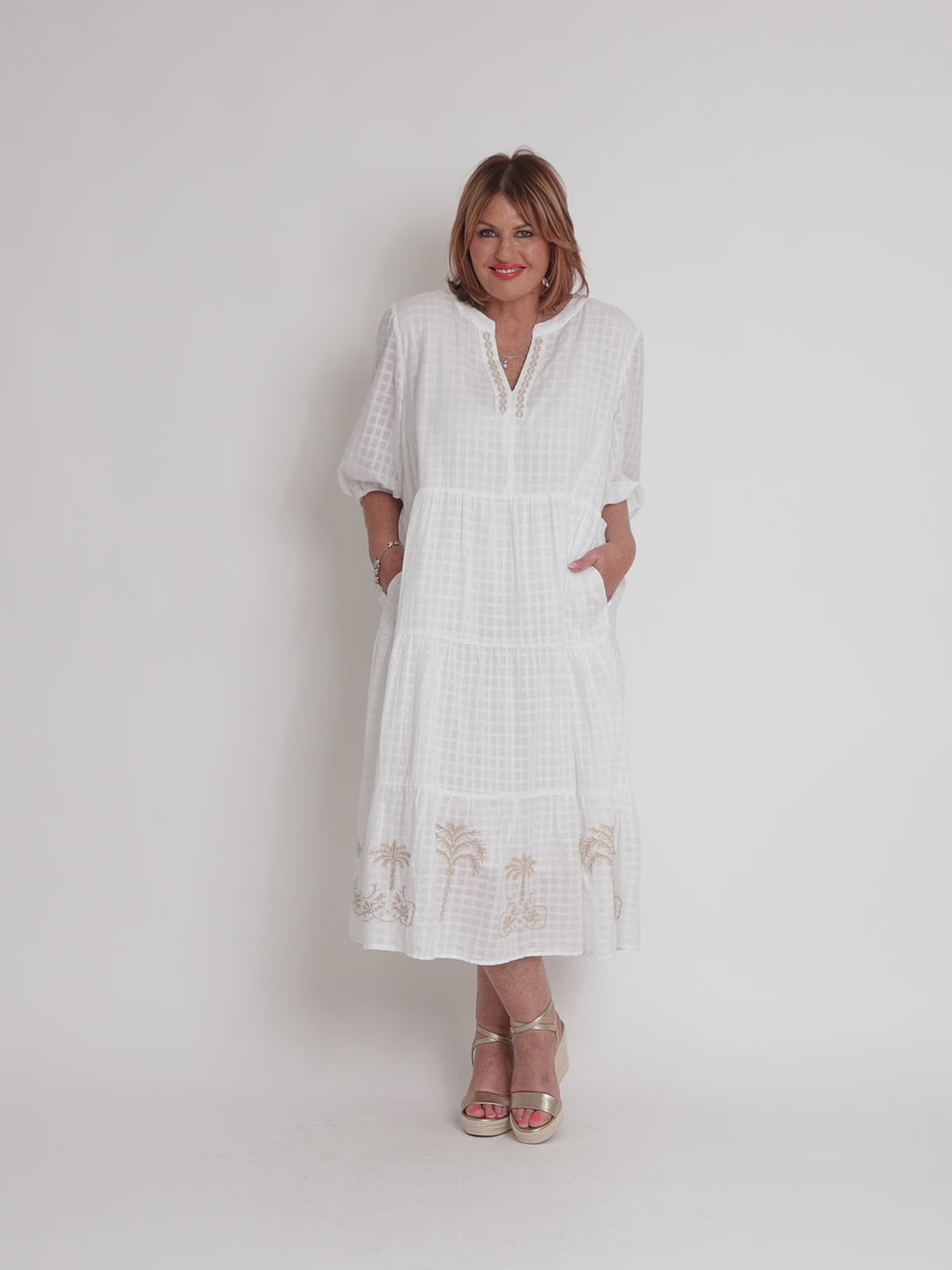 Mykonos Embroidered Dress - White/Gold RC&CO