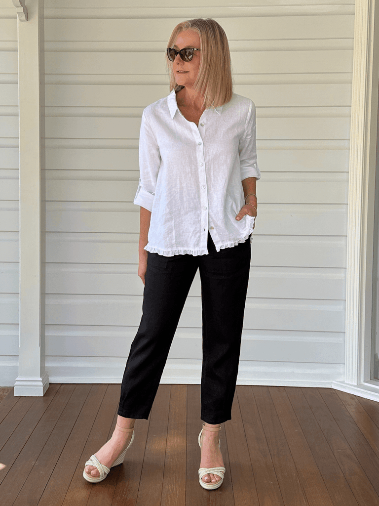 Sarah Linen Pleat Hem Pant - Black - RC & Co