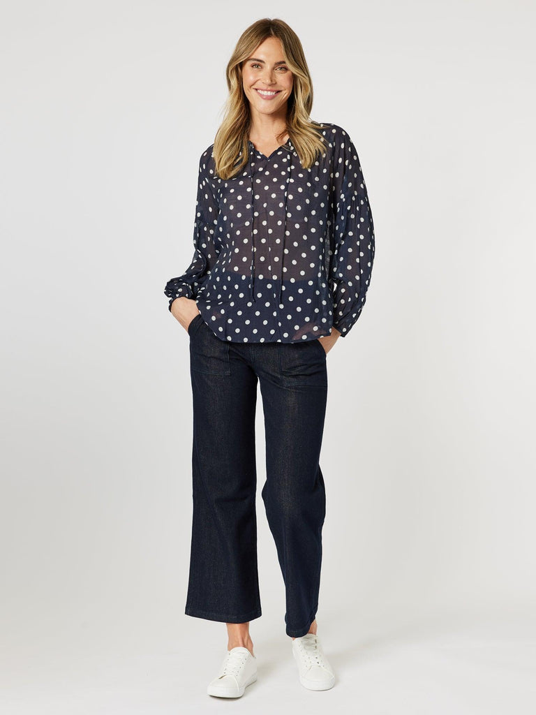 Sorrento Spot Sheer Blouse - Navy/White - RC & Co