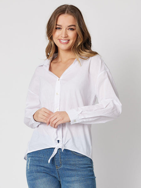 white tie front button down shirt