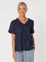Tiffany Ruffle Linen Top - Navy