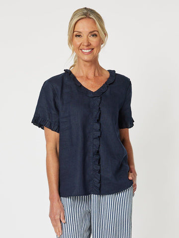 Tiffany Ruffle Linen Top - Navy - RC & Co