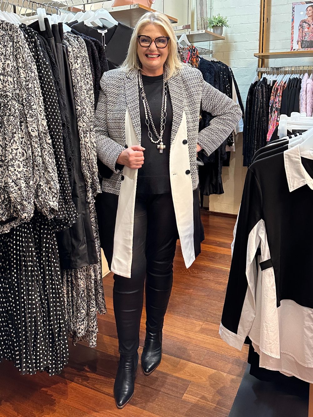 Tweed Spliced Longline Jacket - Black/Ivory